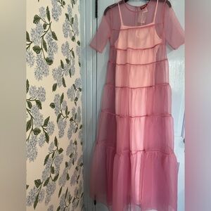 STAUD Pink XS tiered organza maxi dress with slip.